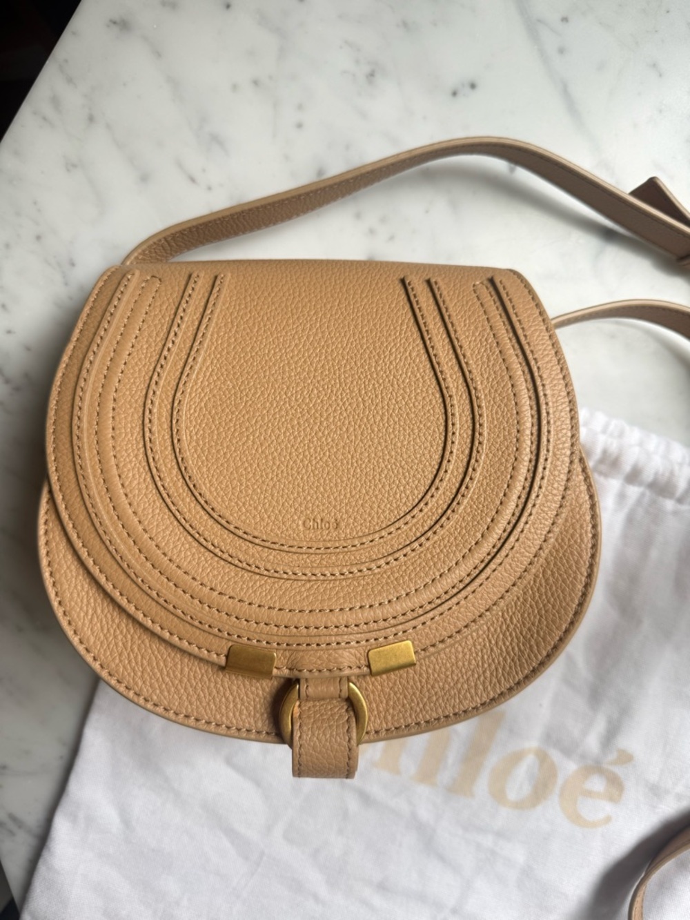 Chloe Small Marcie Leather Saddle Bag in Tan - Picture 2 of 7